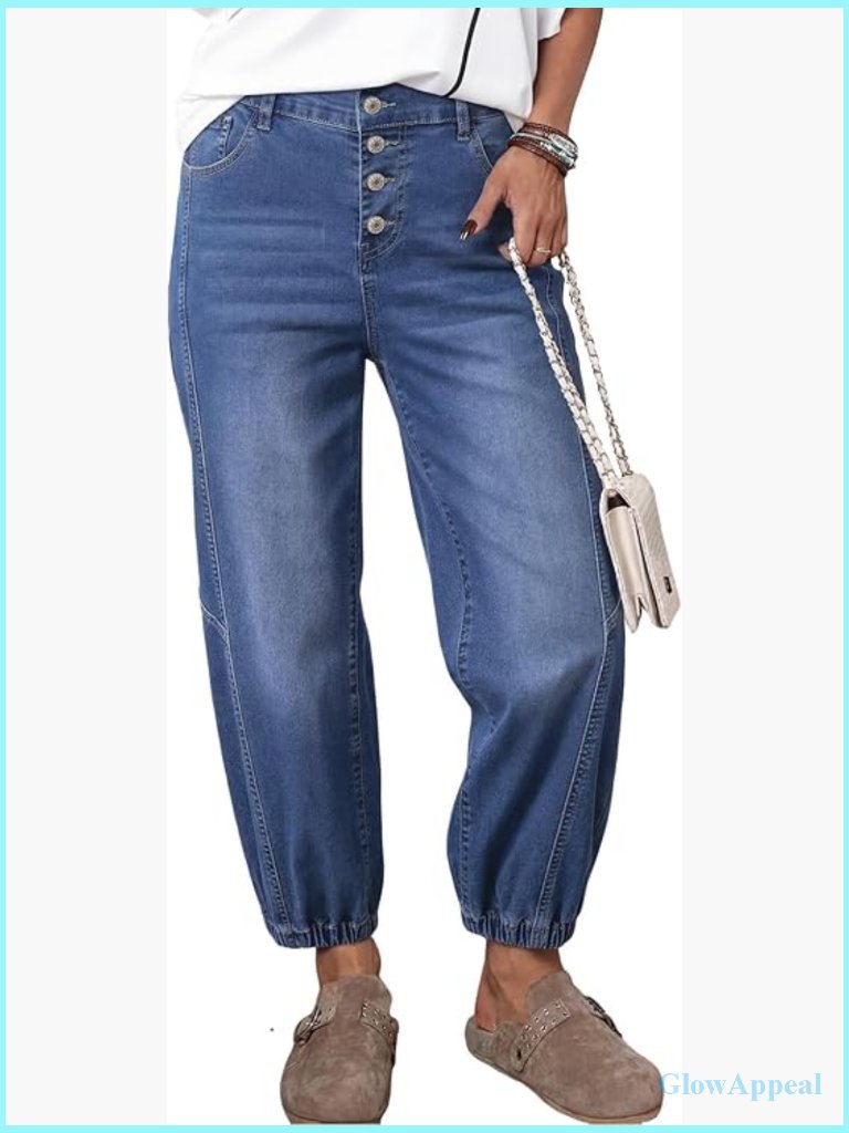 High Rise Harem Jeans Women Wide Leg Baggy Denim Pants Button Front